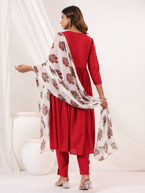 Janasya Women's Maroon Rayon Embellished Mirror Work A-line Kurta Set